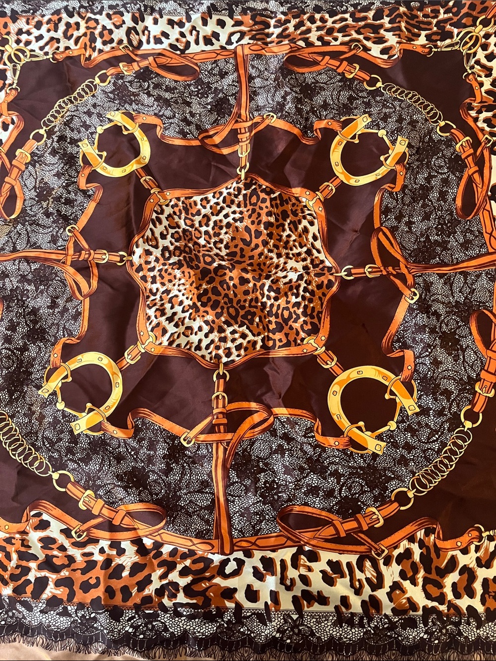 Silky Leopard & Equine Print Square Scarf in Brown & Copper - Picture 2 of 7